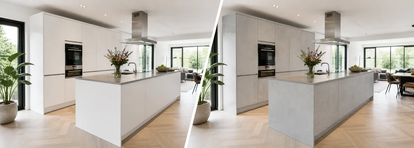 Keuken gewrapt van wit naar betonlook interieurfolie, render ter illustratie
