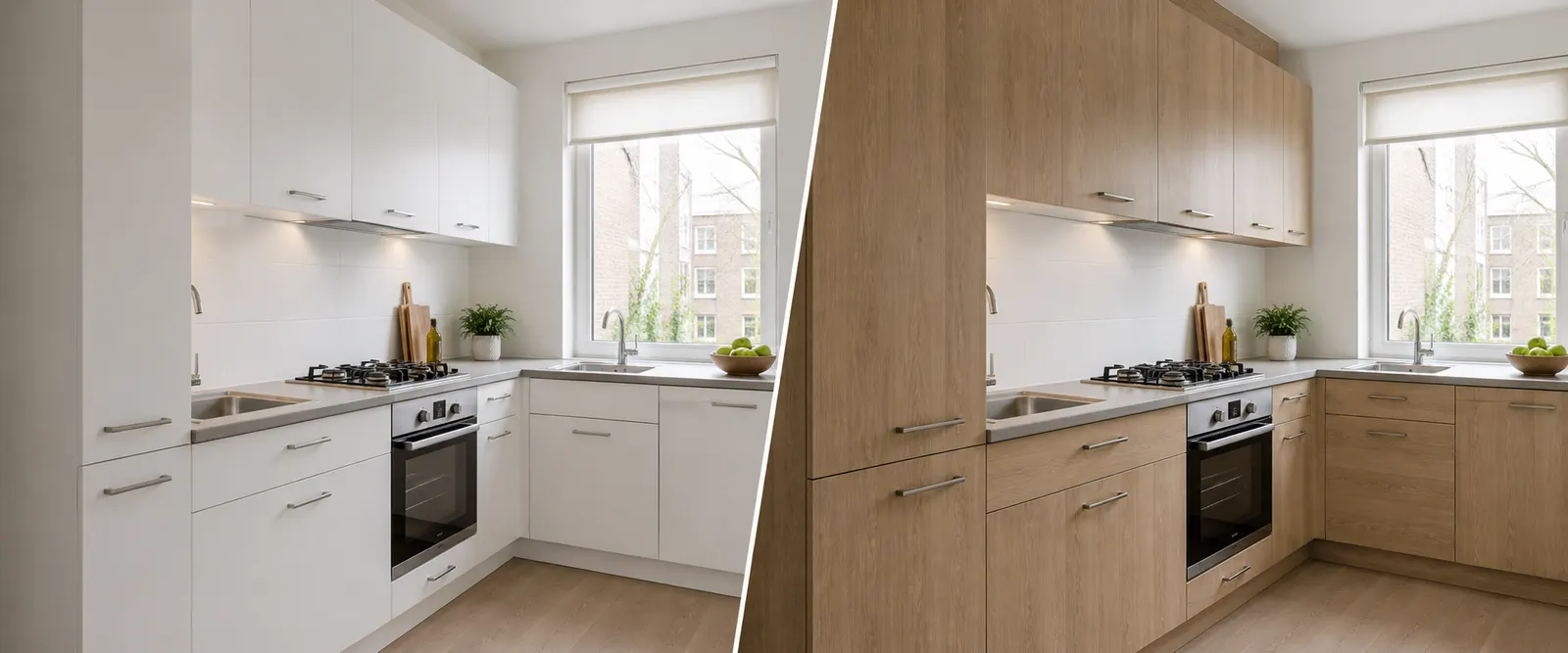 Keuken gewrapt van wit naar licht eiken interieurfolie, render ter illustratie
